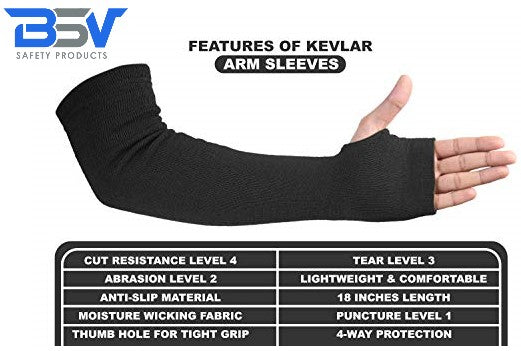 BSV Cut, Scratch, Heat & Knife Resistant Kevlar Arm Sleeves with Thumb Hole - 18 inches - Black - 1 Pair