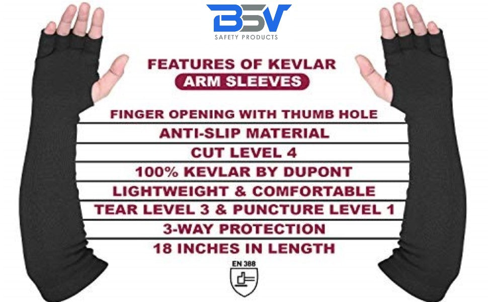 BSV Kevlar Arm Protection Mechanic Sleeves- Heat, Scratch & Cut Resistant Arm Safety Sleeves with Finger Opening - Bite Proof- 18 Inches, Black-1 Pair
